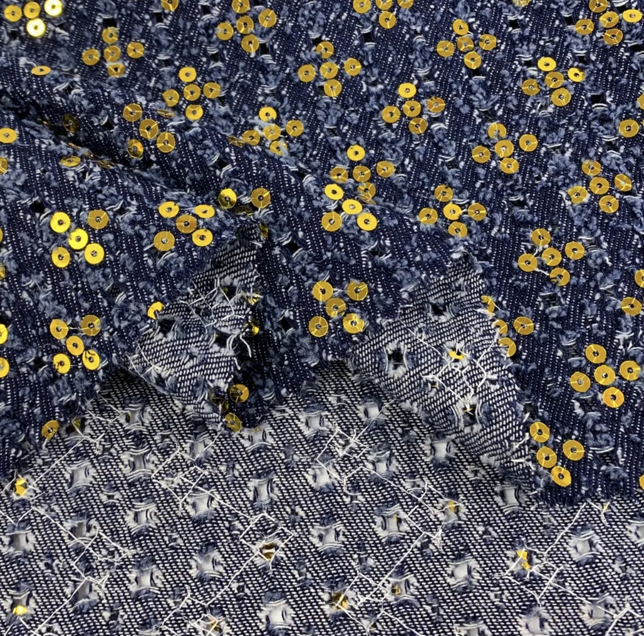 Gold Sequin Embroidery Craft Single-Layer Denim Jean Fabric fro Streetwear Denim Jacket